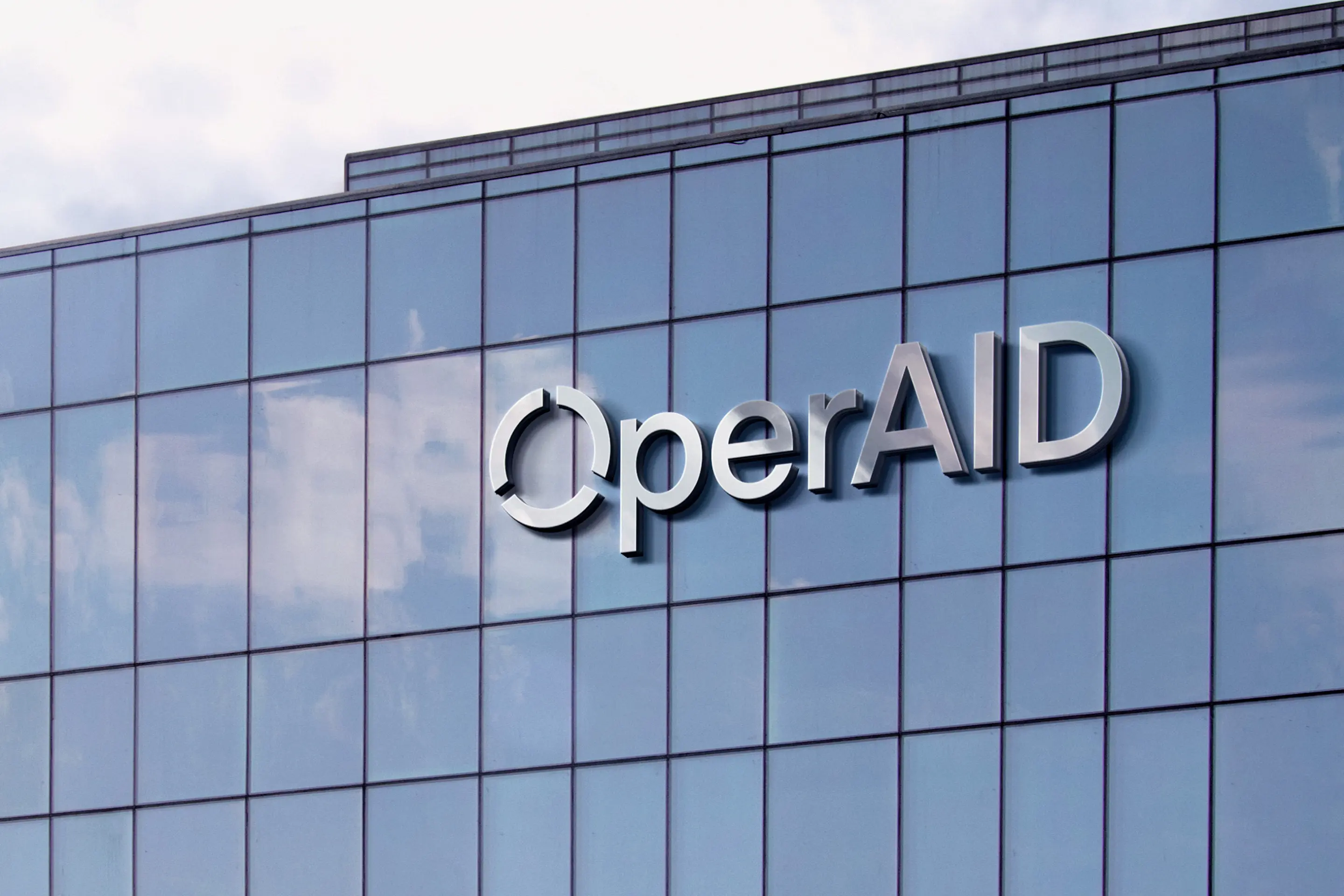 OperAID logo signage mockup on office building facade
